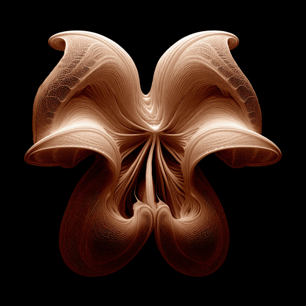 A symmetrical, abstract 3D form resembling a cross between a flower and a butterfly, with intricate, flowing, tan-colored curves and textures against a solid black background.