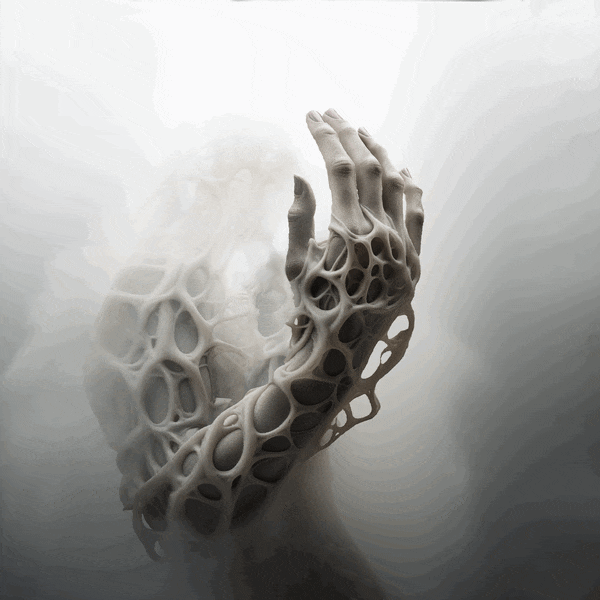 A human hand and arm are partially covered by an intricate, organic, lattice-like structure, blending into a misty, ethereal background. The image has a surreal and futuristic atmosphere.