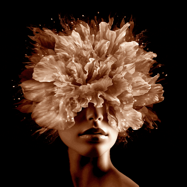 A sepia-toned image of a woman with her eyes covered by a large, blooming flower, blending seamlessly with her face against a dark background.