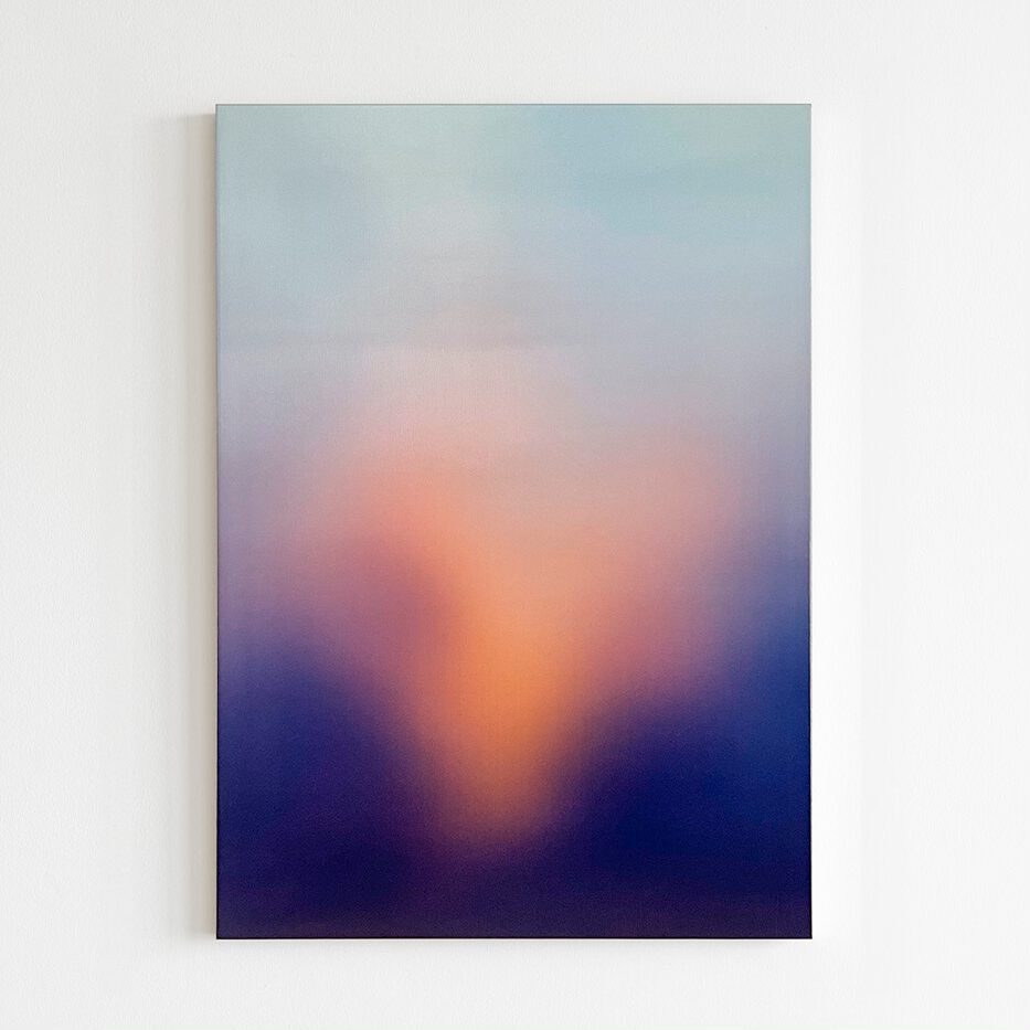 A rectangular abstract painting with soft, blended colors: light blue at the top, fading into warm orange and pink in the center, and deep purple at the bottom, creating a dreamy, gradient effect.