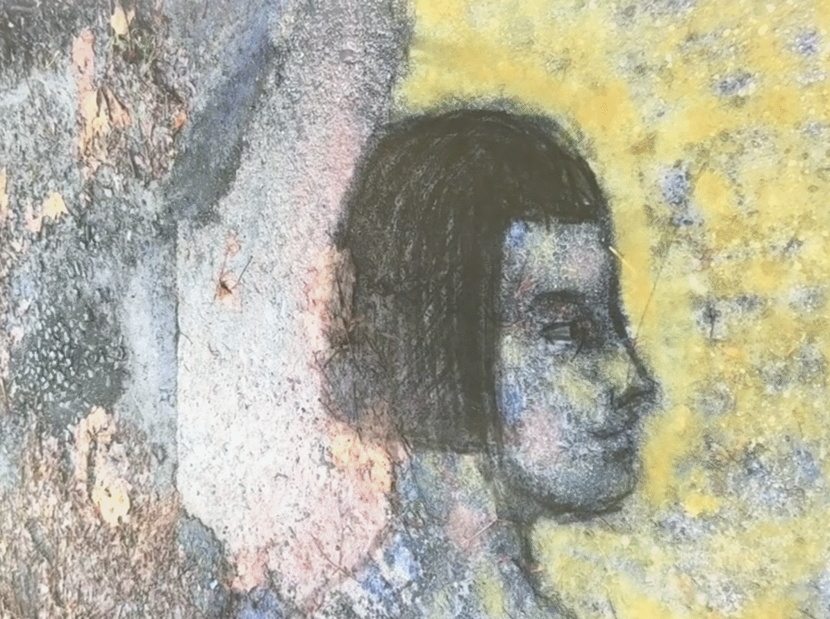 A faded, weathered mural shows a side profile of a person with short, dark hair on a textured wall with yellow and gray patches. The image appears aged and partially eroded.