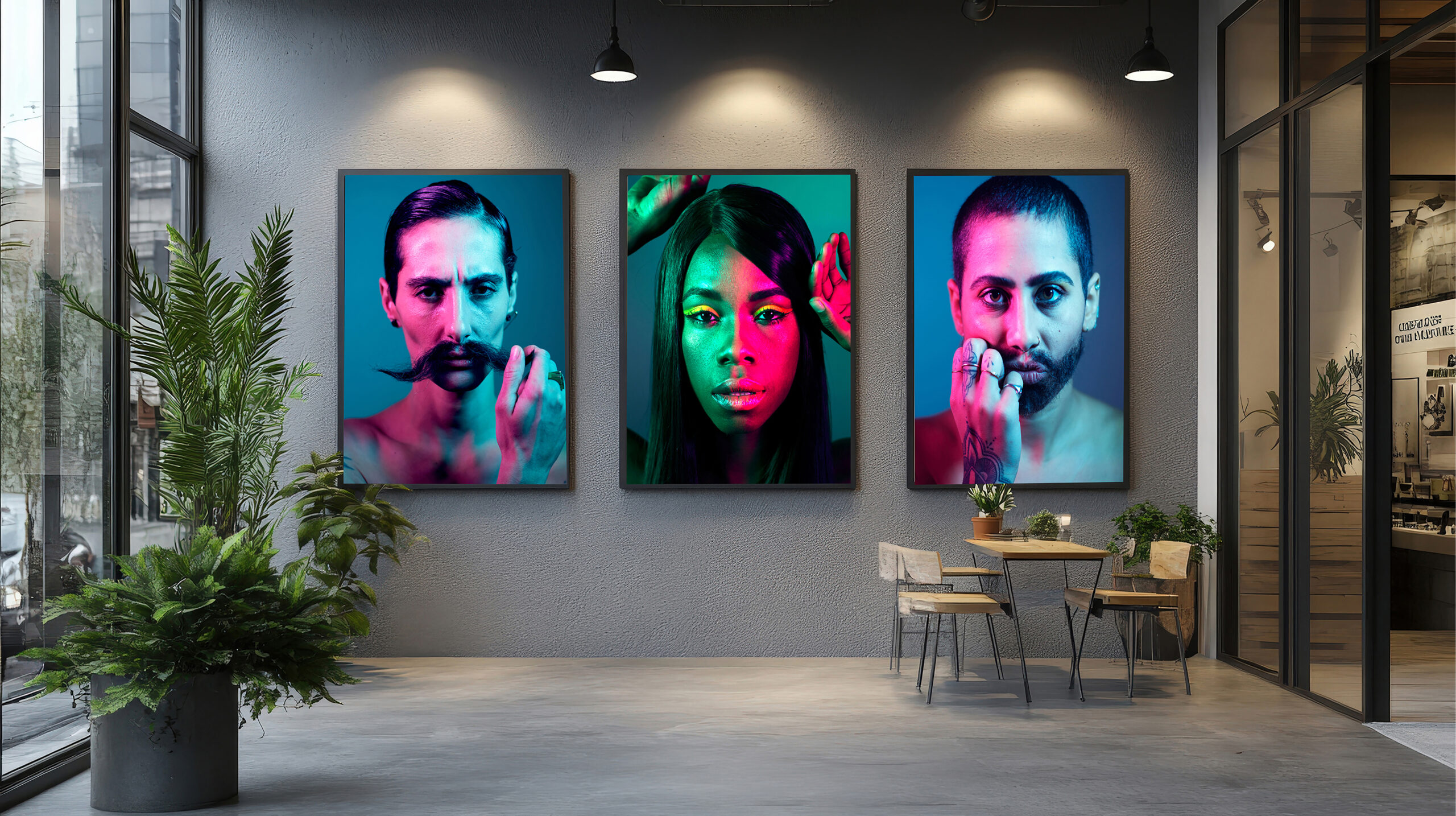 Three colorful, contemporary portraits of people are displayed on a gray wall in a modern café with plants and simple tables and chairs. The art features dramatic, green and pink lighting on the subjects’ faces.