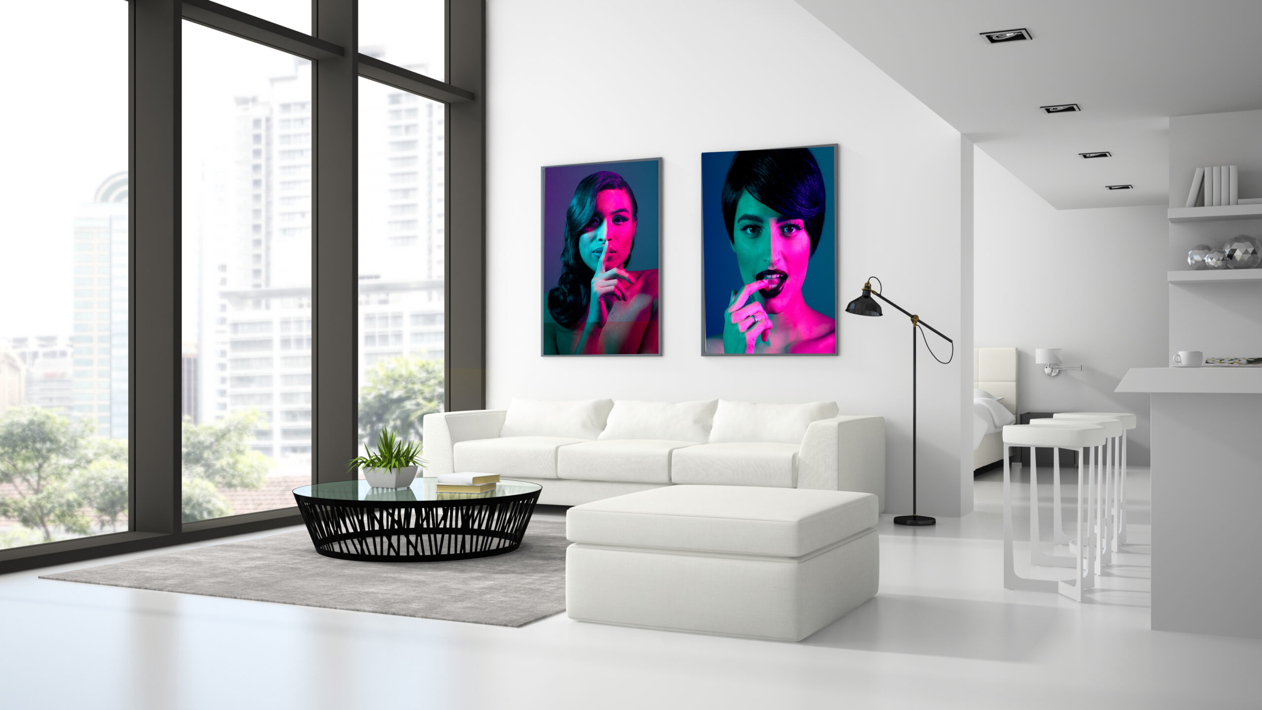 A modern, minimalist living room with large windows, white furniture, a gray rug, and two colorful portrait artworks on the wall. City buildings are visible outside, and the room connects to a bedroom area.