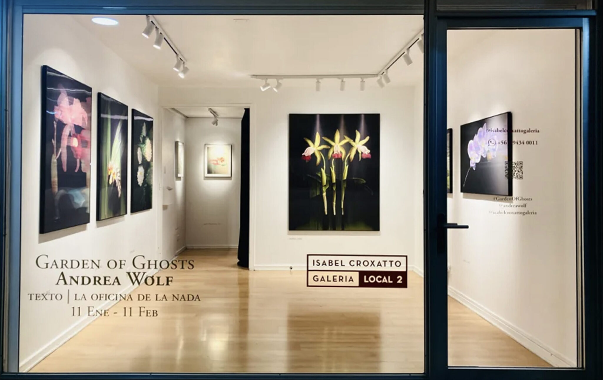 Art gallery window displaying illuminated floral artwork inside. The window text reads: "Garden of Ghosts Andrea Wolf," exhibit dates, and mentions Isabel Croxatto Galeria Local 2. White walls and light wood floors are visible.