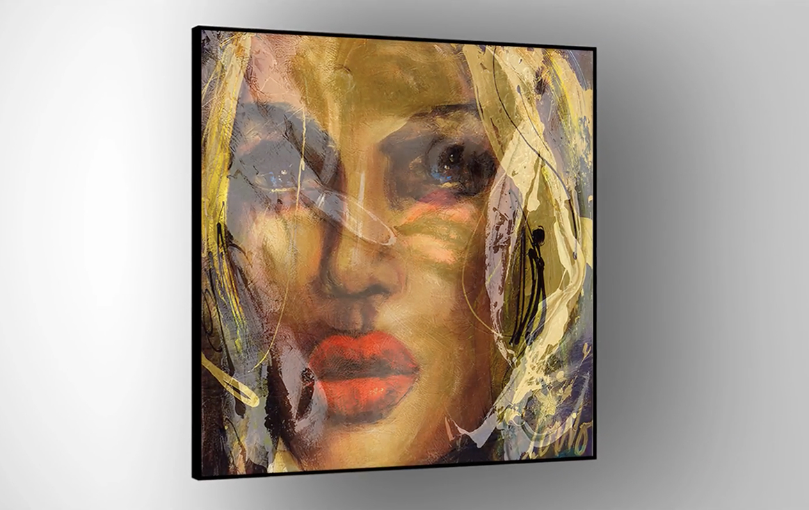 Abstract painting of a woman’s face with bold red lips, striking eyes, and blonde hair, featuring expressive brushstrokes in yellow, beige, and muted tones on a square canvas against a gradient grey background.