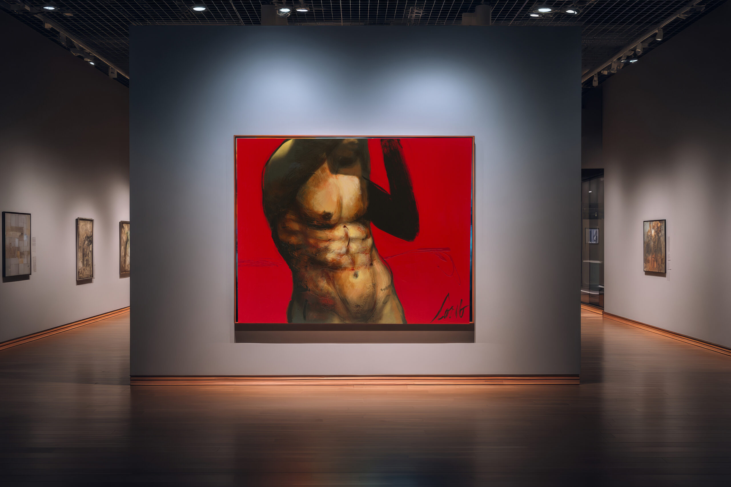 A painting of a muscular torso with an arm raised is displayed on a red background in an art gallery, surrounded by other framed artworks on neutral-colored walls under spotlights.