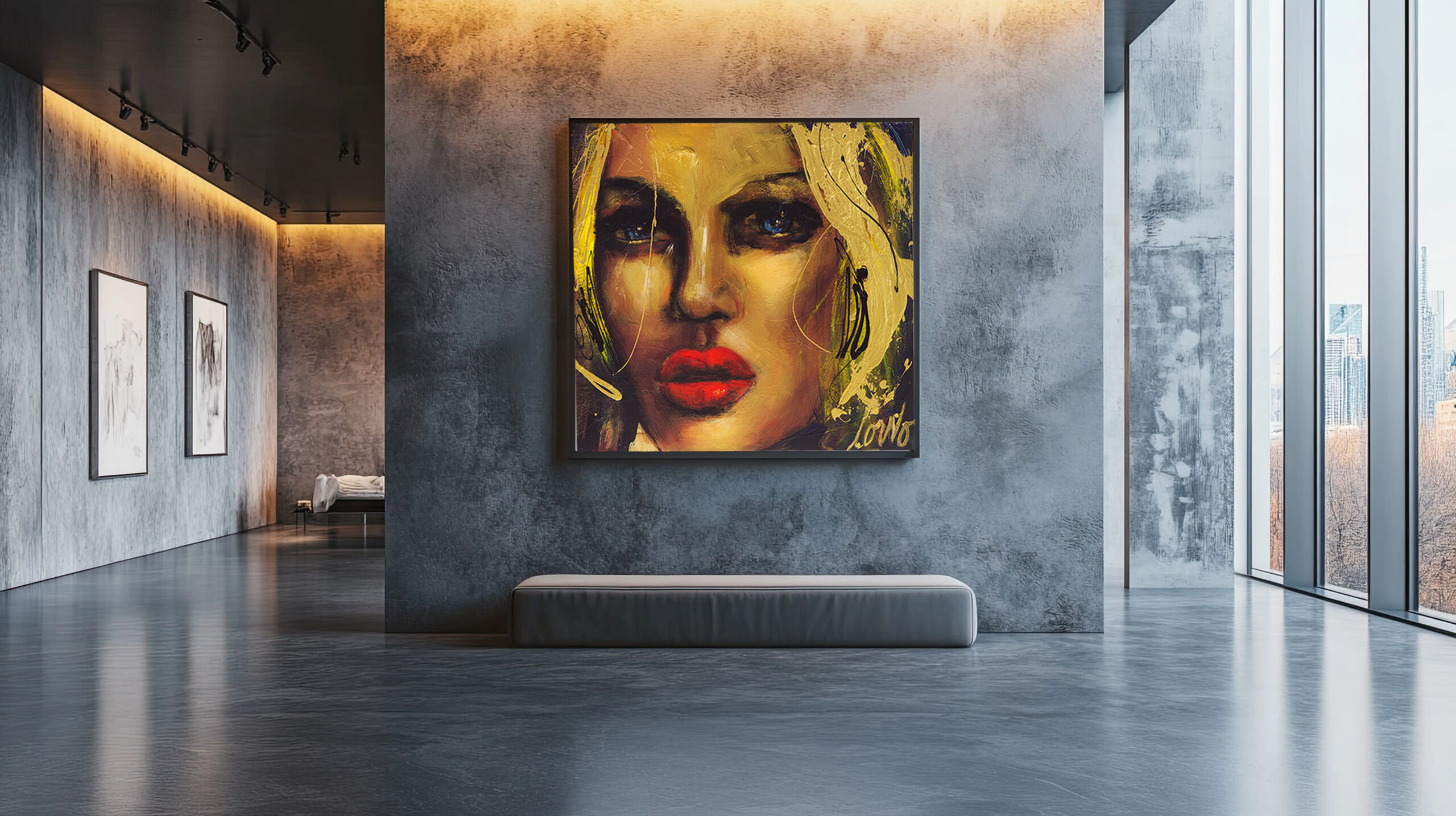 A modern art gallery with gray concrete walls and floors displays a colorful portrait of a woman's face with bold red lips and yellow accents. Large windows on the right show a cityscape view.
