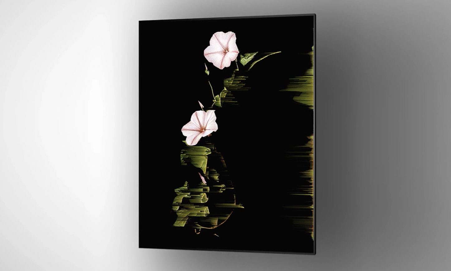 A canvas art piece featuring two light pink flowers with green stems and leaves on a black background, with some leaves and stems appearing blurred or distorted horizontally.