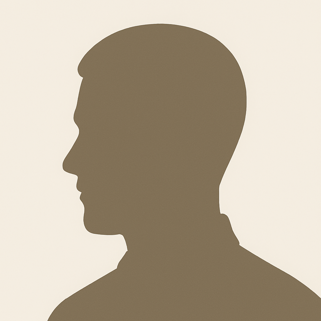 A simple silhouette of a man's head and shoulders in profile, facing left, with no visible facial features, on a plain light background.